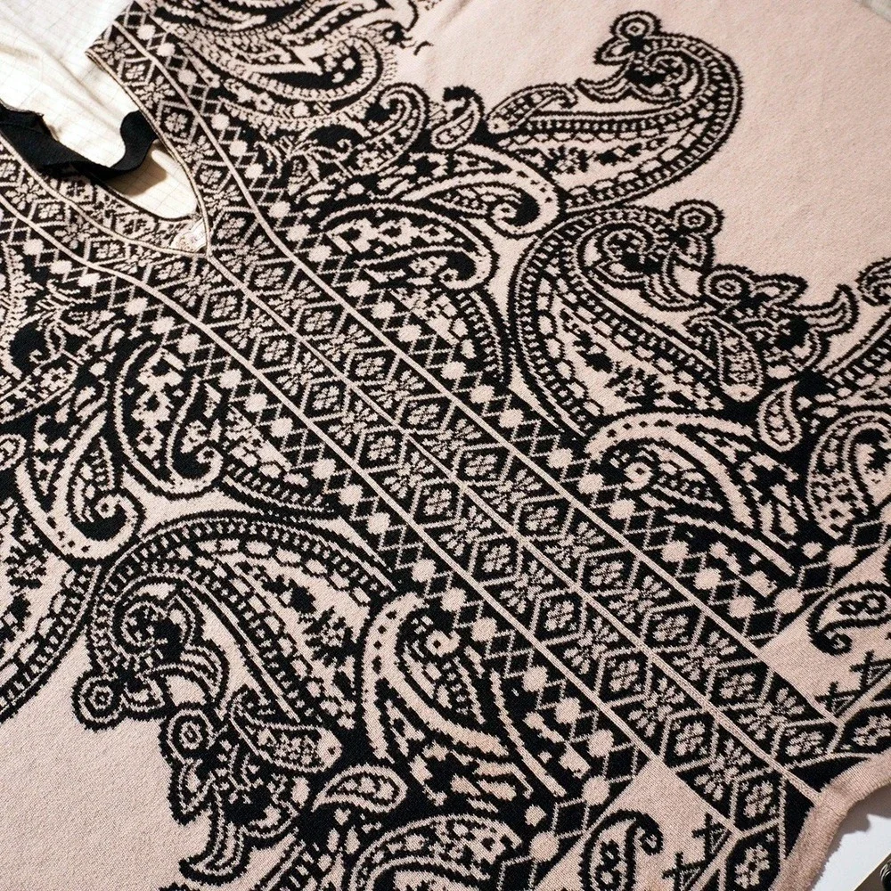 Flying Tomato Boho Chic XL 1X 2X‎ 3X Paisley Knit Poncho Sweater Beige Black